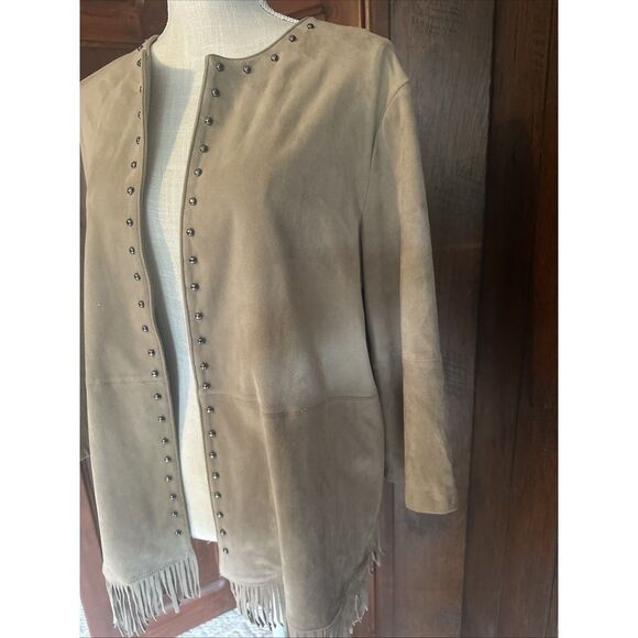 Womens Allison Daley Fringe Studded Open Front Jacket Faux Suede Western Boho 16 - Picture 2 of 4